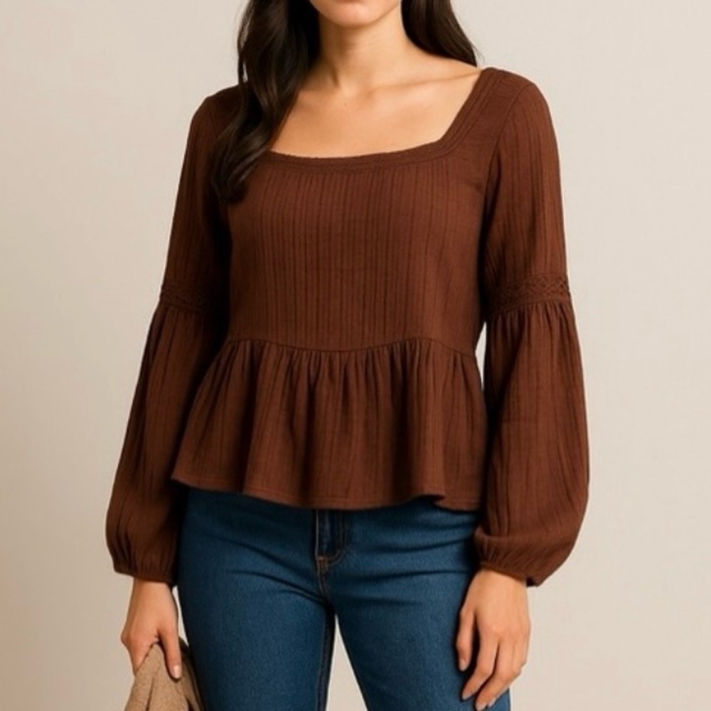 Versona Brown Peasant‎ Blouse L Long Sleeve Boho Square Neck Fall Layering Top